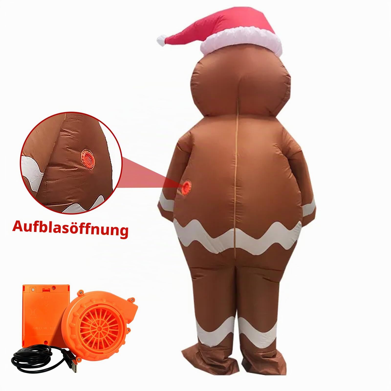 Aufblasbarer Weihnachts Kostüm, Lebkuchenmann Aufblasbares Kostüm für Erwachsene Aufblasbare für Halloween Party Geburtstag Weihnachten Cosplay Einfaches An und Ausziehen Batterie oder USB Angetrieben