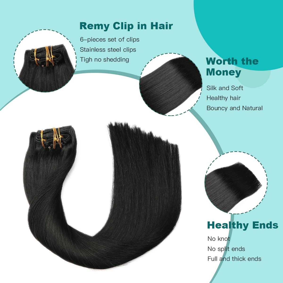 SURNEL Extensiones De Clip De Pelo Natural 100g 35cm 6 Piezas Negro Profundo Extensiones Pelo Natural Clip Real Humano Hair Remy (C#1-35cm) — view 4