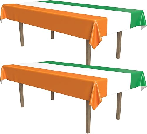 Beistle Mantel irlandés, 54 x 108 pulgadas, 2 piezas, mantel de plástico, mantel rectangular, mantel a rayas, mantel del día de San Patricio,