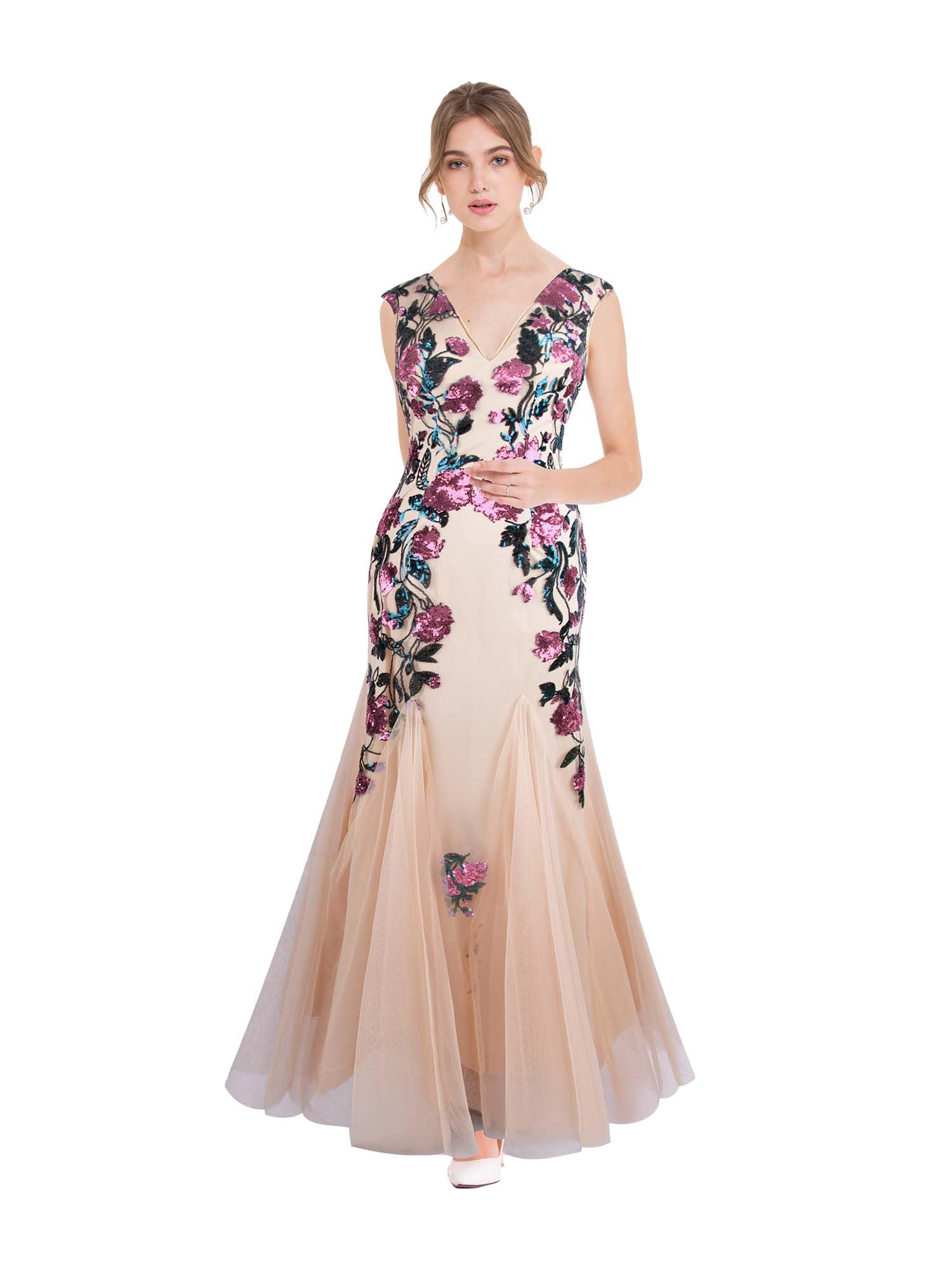 Angel-fashions Femme Profond Col en V Bleu Rose Paillette Gaine