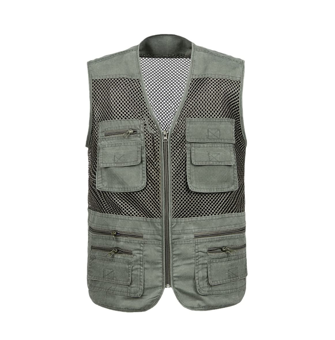 Gilet de pêche sans manches en maille à séchage rapide, avec de nombreuses poches, plusieurs poches, Gilet vert militaire., XXXL