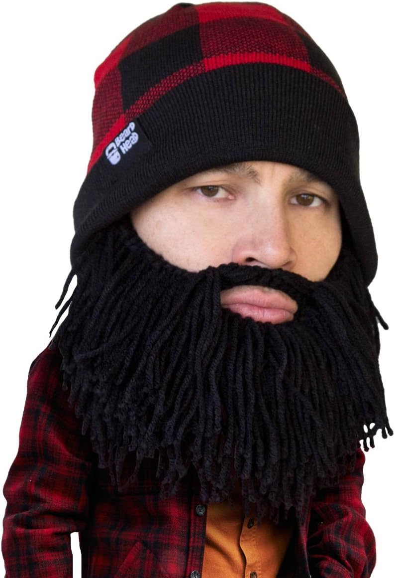 Beard Head Lumberjack Plaid Beanie - Original Handmade Knit Hat and Removable Beard