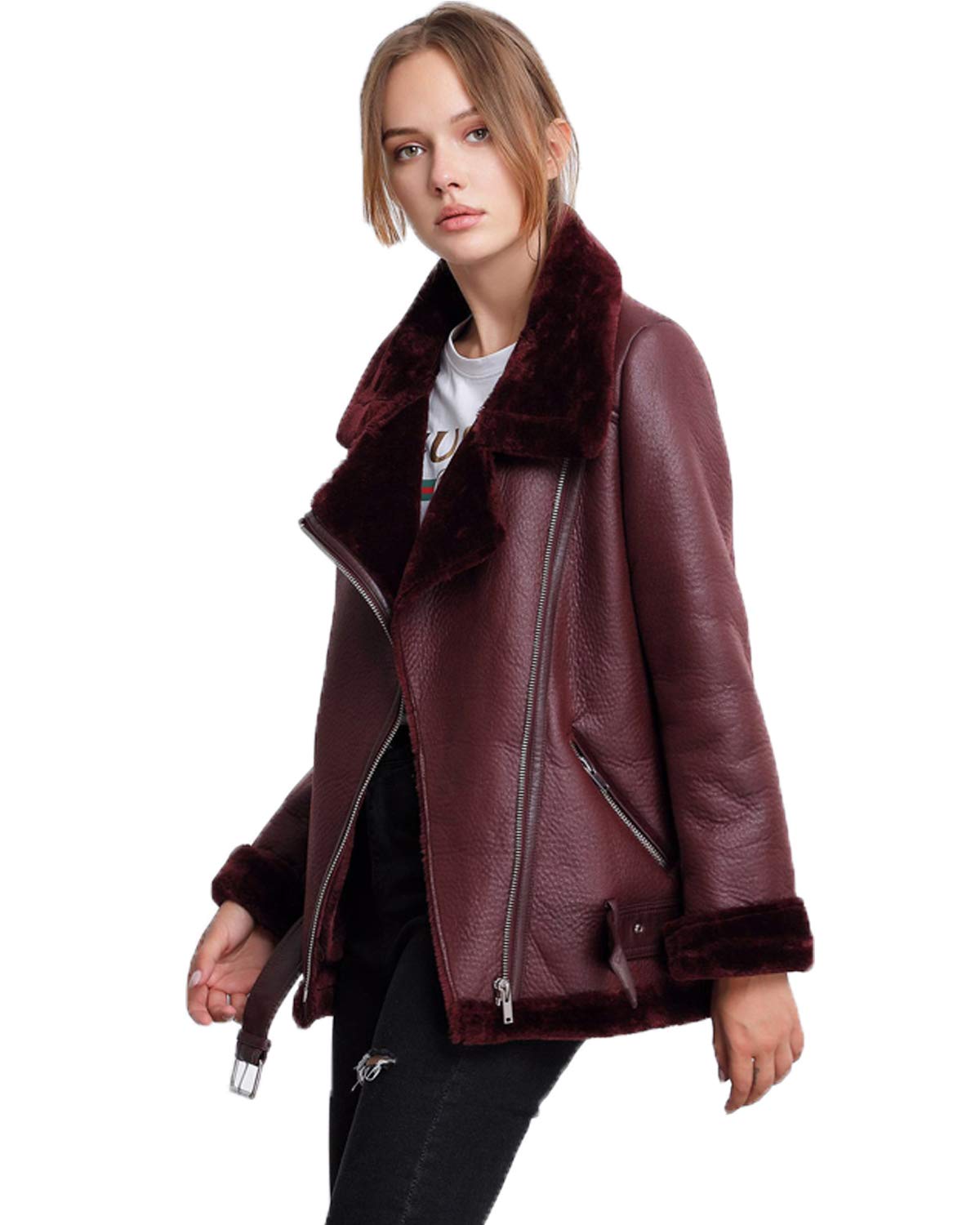 LY VAREY LIN Women's Faux Shearing Moto Jacket Thick Lined Parka Winter Shearling Coat Leather Jacket