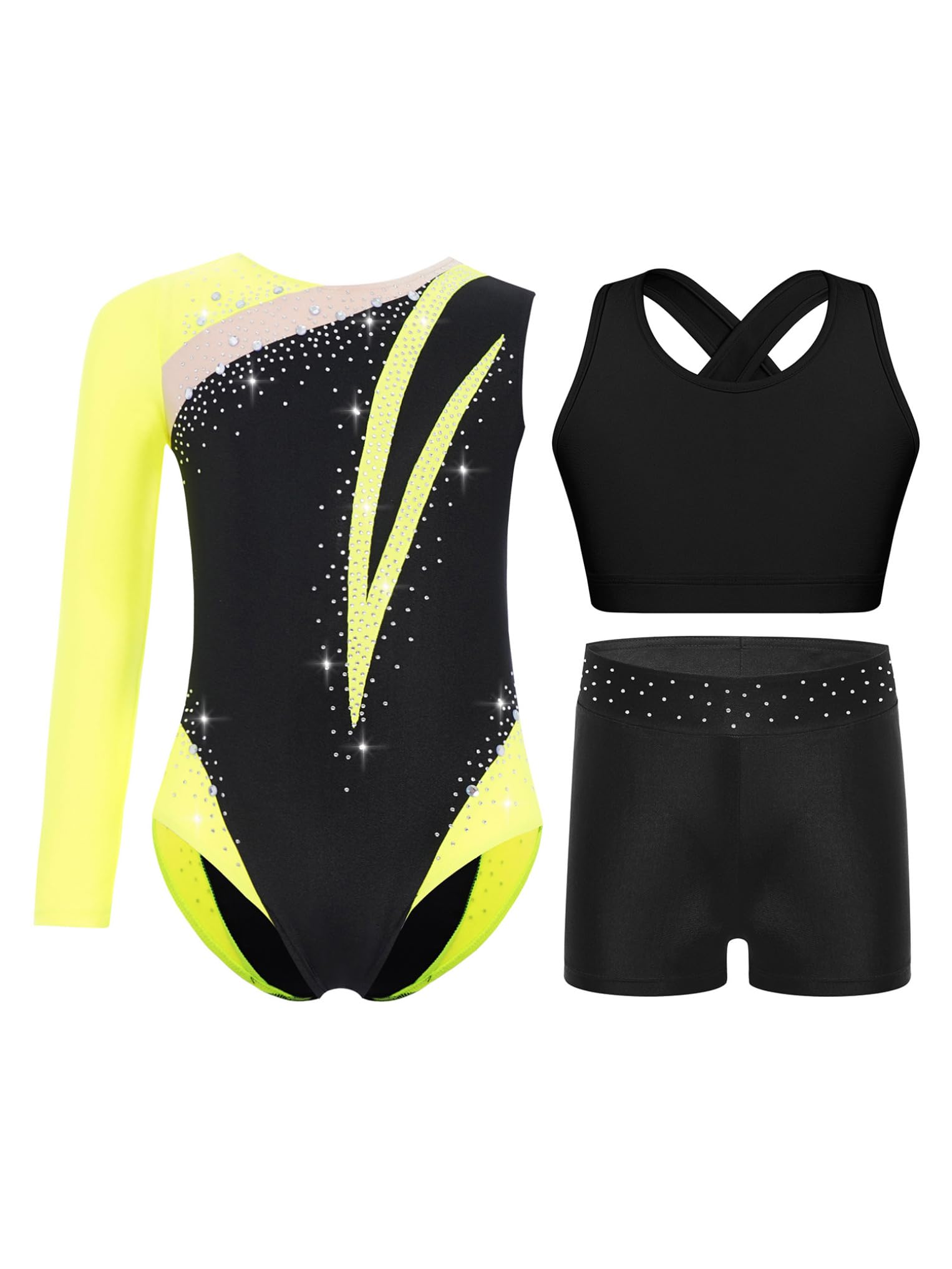 Oyolan Maillot Brillante De Gimnasia Rítmica Para Niñas Leotardo Mangas Largas Con Chaleco Corto Y Leggings Cortos Body Deportivo Yoga Fitness