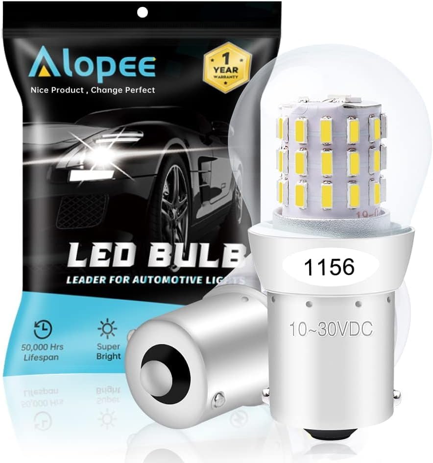 Alopee 1156 LED Bulb White Super Bright Non Polarity DC 9-30V Replacement for P21W 7506 1141 5008 Reverse Turn Signal Brake Lights Motorcycle Lawn Tractor Light, Pack of 2