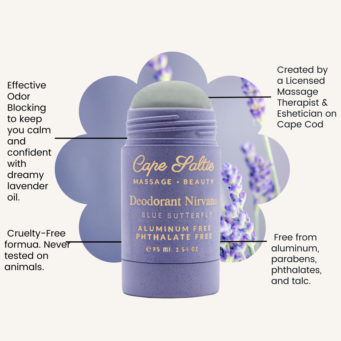 Cape Saltie · Massage Beauty Aluminum-Free, Natural Deodorant Nirvana in "Blue Butterfly" — Lavender Essential Oil Scent (2.54 oz) | Deodorant for Women | Solid Skincare Stick | Gifts for Women - Image 2