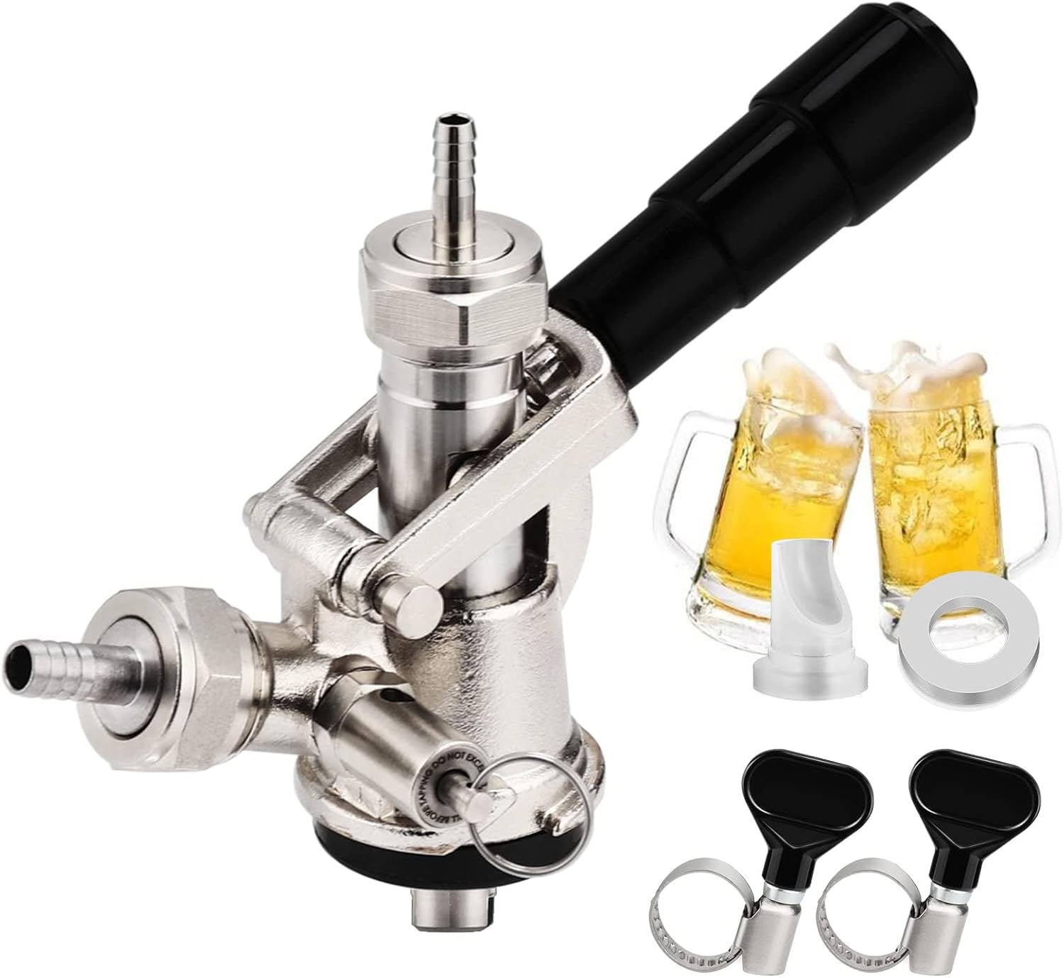 European Sankey S System Keg Coupler, 1/4'' Beer Barb Stainless Steel Probe Brass Body 5/16'' Gas Tailpiece Draft Kegerator Tap Dispenser with Safety Pressure Relief Valve Brewing Hose Clamp