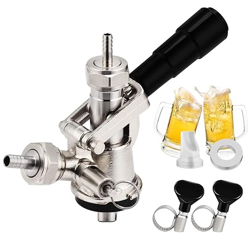 European Sankey S System Keg Coupler, 1/4'' Beer Barb Stainless Steel Probe Brass Body 5/16'' Gas Tailpiece Draft Kegerator Tap Dispenser with Safety Pressure Relief Valve Brewing Hose Clamp