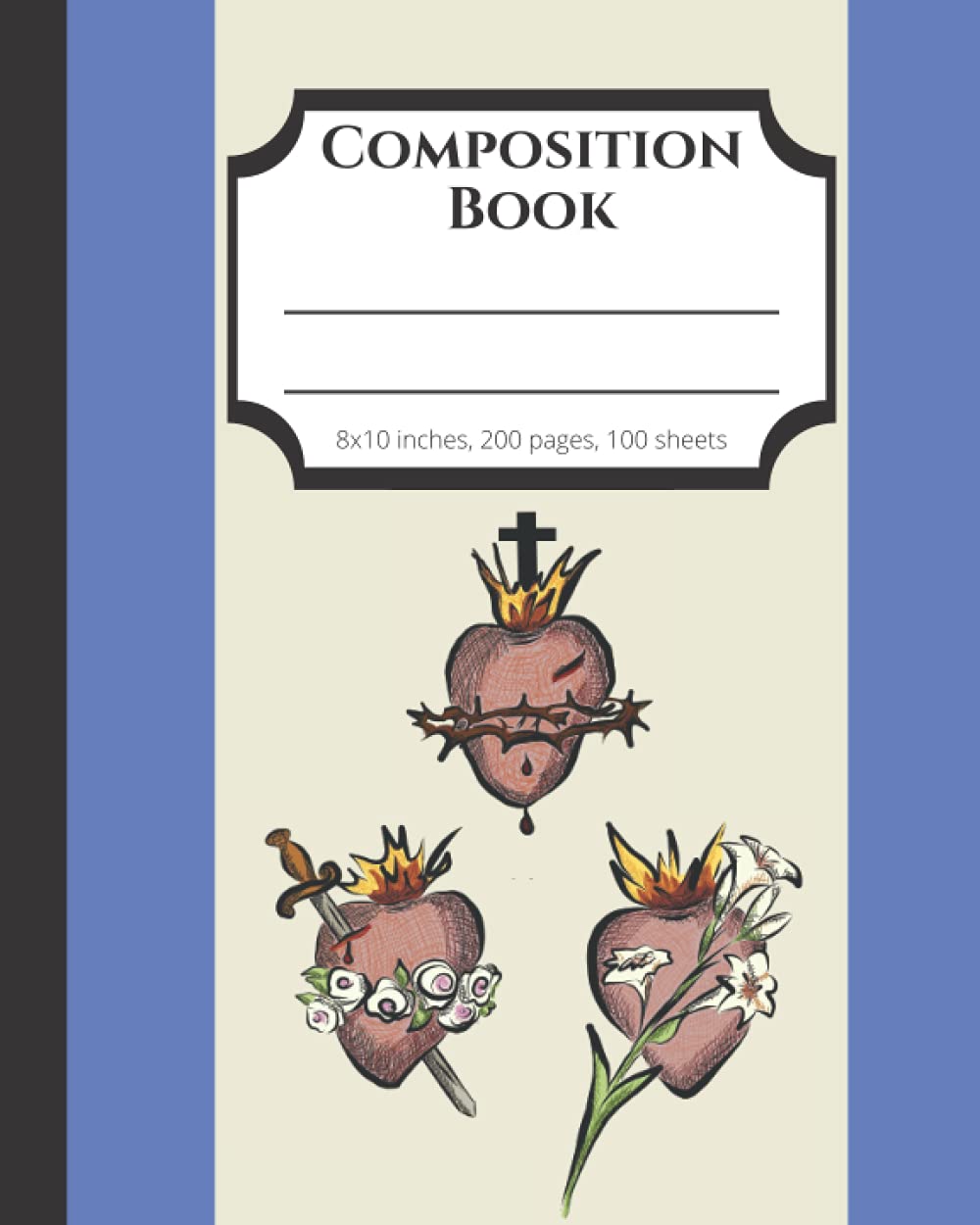 Catholic Three Hearts Composition Book: Jesus Mary and Joseph Sacred Hearts Devotion, Blue, Blank with Lined Pages, for Children and Adults