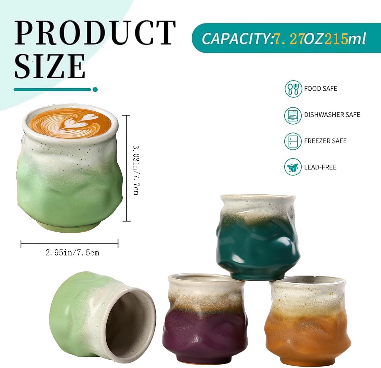 Ceramic Espresso Cups Set of 4 7.4oz Demitasse Cups for Coffee & Tea, No Handles, Durable & Dishwasher Safe