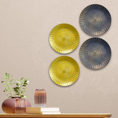 Image of Art Street Set of 4 MDF Decorative,Wall Hanging Plates for Home,Living Room,Hotel Bedroom And Office Decor Show Pieces (Blue & Yellow, Size 8 x 8 Inch)