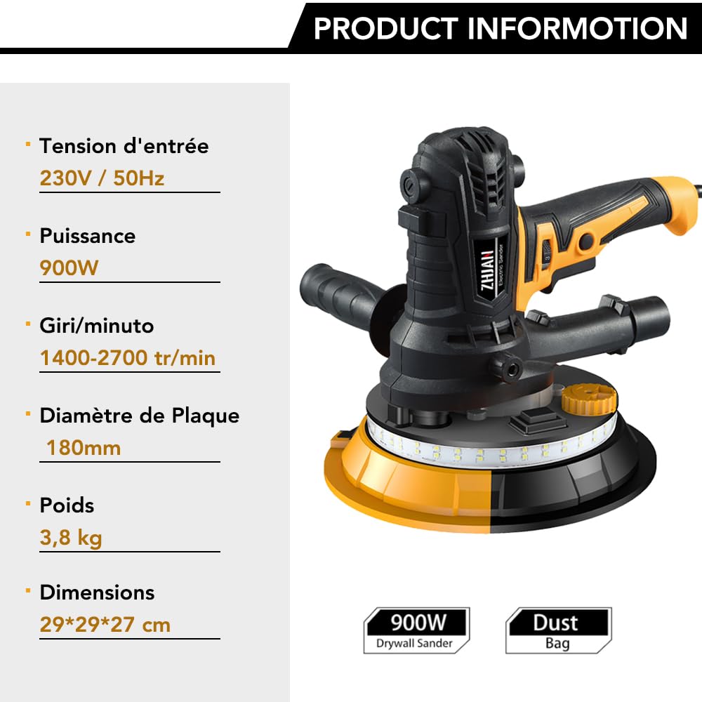 Ponceuse murale pour cloisons sèches 900W,1400-2700RPM,LED Poignée télescopique Moteur, 5 Niveaux Vitesses,grosse et fine abrasion,Lumière LED,Sac à Poussière et Tuyau et 12 Disques de Ponçage