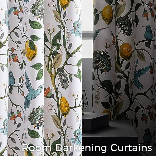 Image of Topfinel Kitchen Curtains 45 Inch Length White Vintage Blackout Curtains for Cafe Kitchen, Short Grommet Luxury Whimsical Floral Hummingbird Patterned 45 Inches Long for Living Room Bedroom