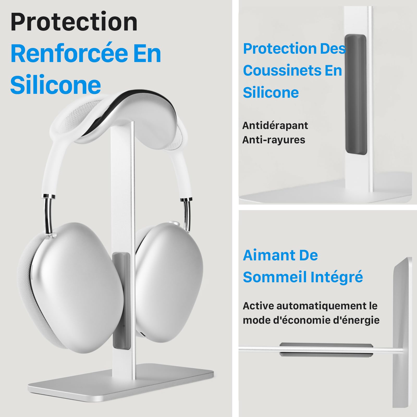 Support pour AirPods Max avec Mode Veille – Support Casque en Aluminium pour Bureau, antidérapant, protège Le Bandeau, Surface Anti-Rayures (Argent)