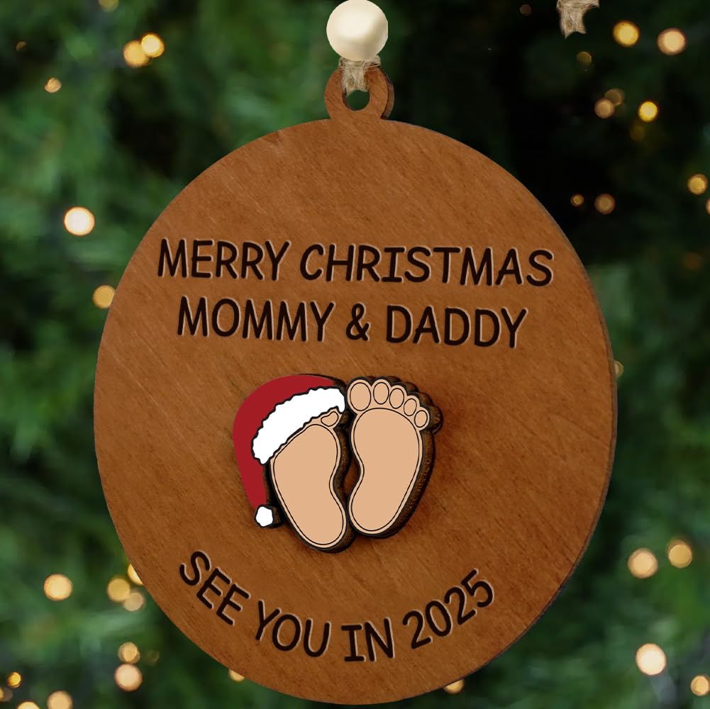 2 Layers Wooden See You in 2025 Baby's First New Year Ornament, Pregnancy Announcement, New Grandson Gifts, Gender Reveal Ideas for Mom, to Be, Husband, Wife, Expecting Parents