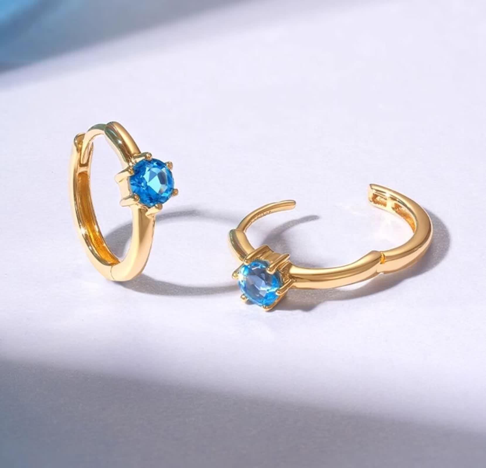 Pendientes de aro pequeños para mujer, pendientes vintage azul topacio 9 K/14 K/18 K oro amarillo