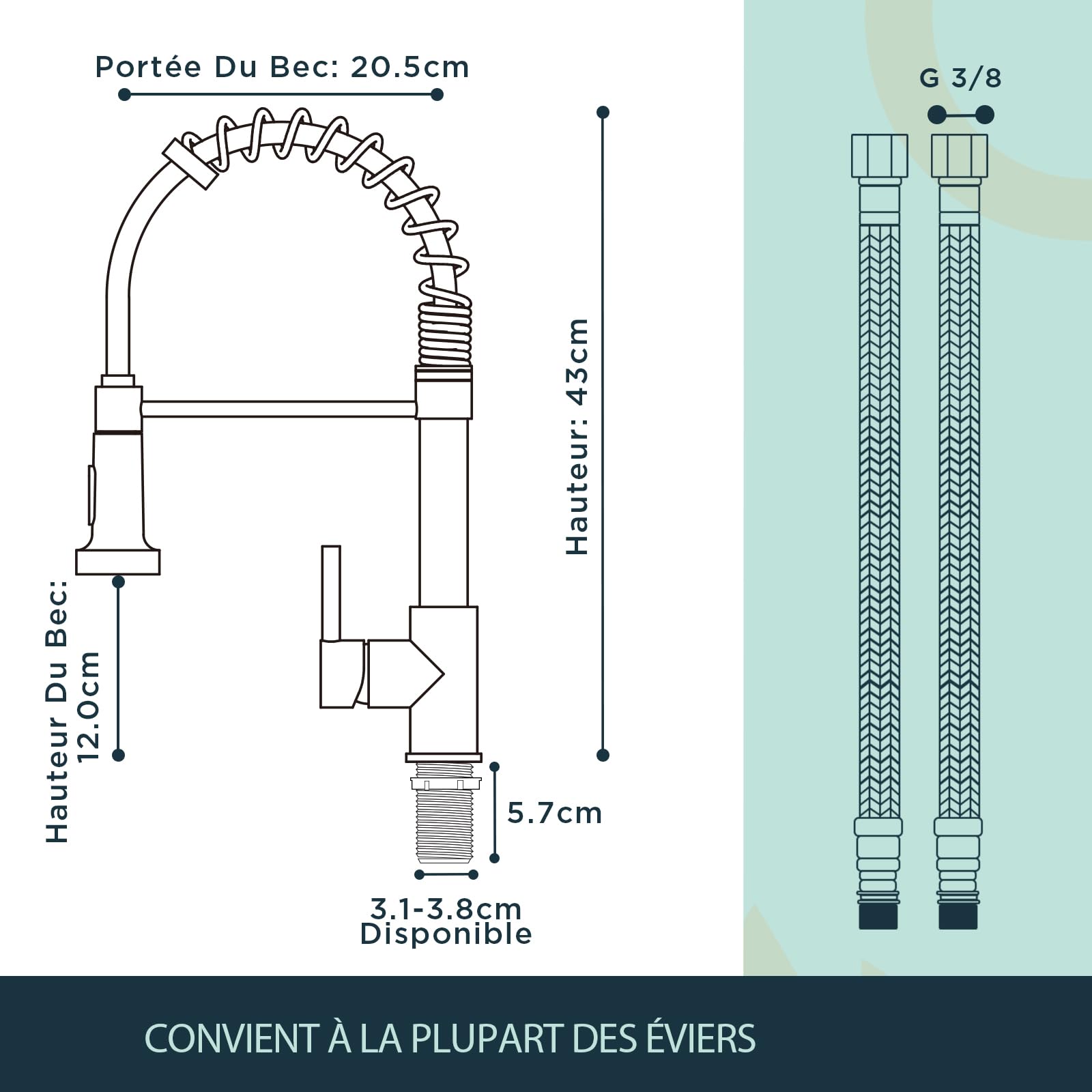 FORIOUS Robinet Cuisine Mitigeur Avec Douchette Pivotant 360° Évier Arc Élevé Pulvérisateur Escamotable 2 Modes Acier Inoxydable