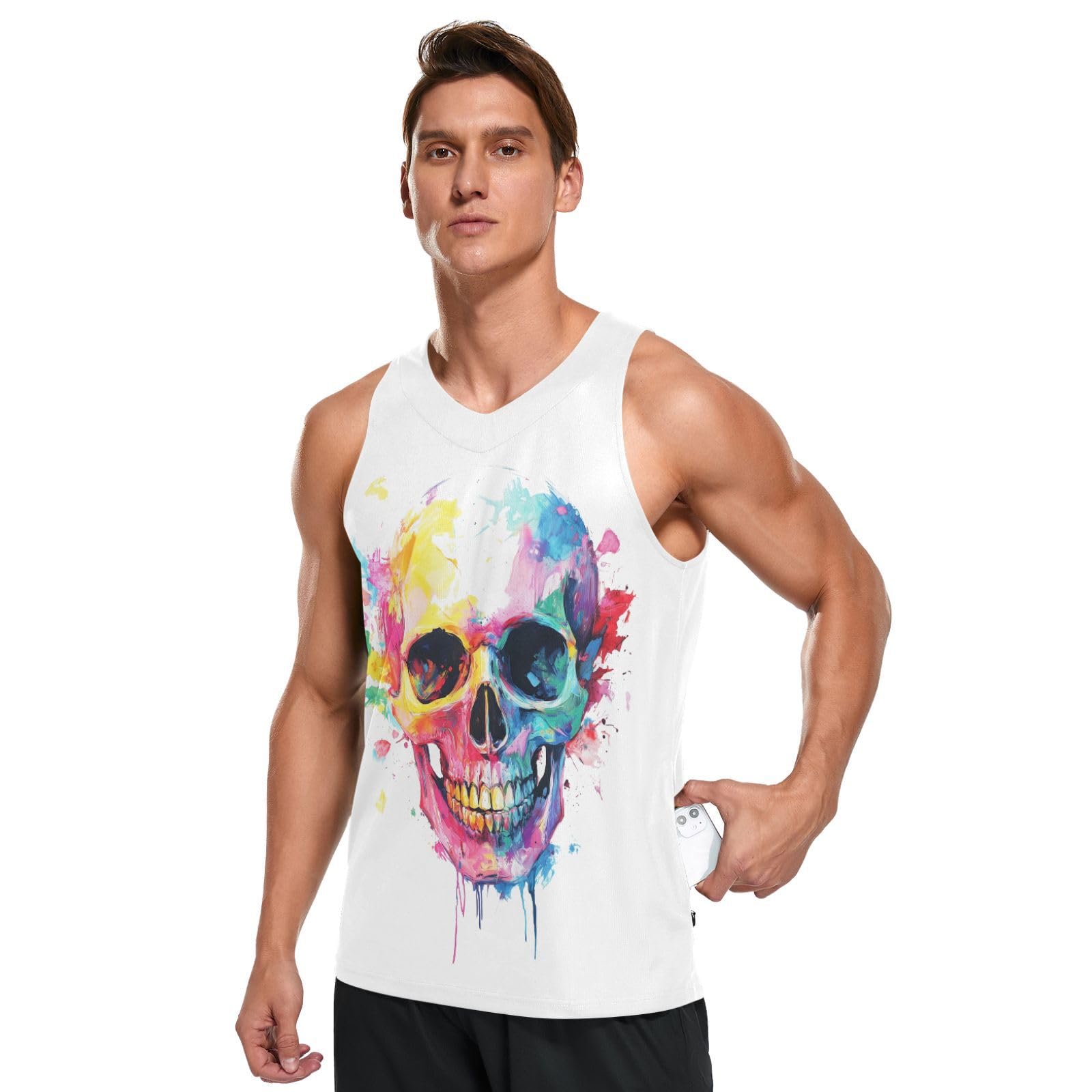 JHKKU Men's Quick Dry Sports Tank Tops Athletic Gym Fitness Sleeveless Shirts for Beach Running Workout with Pocket, Watercolor Skull, XL