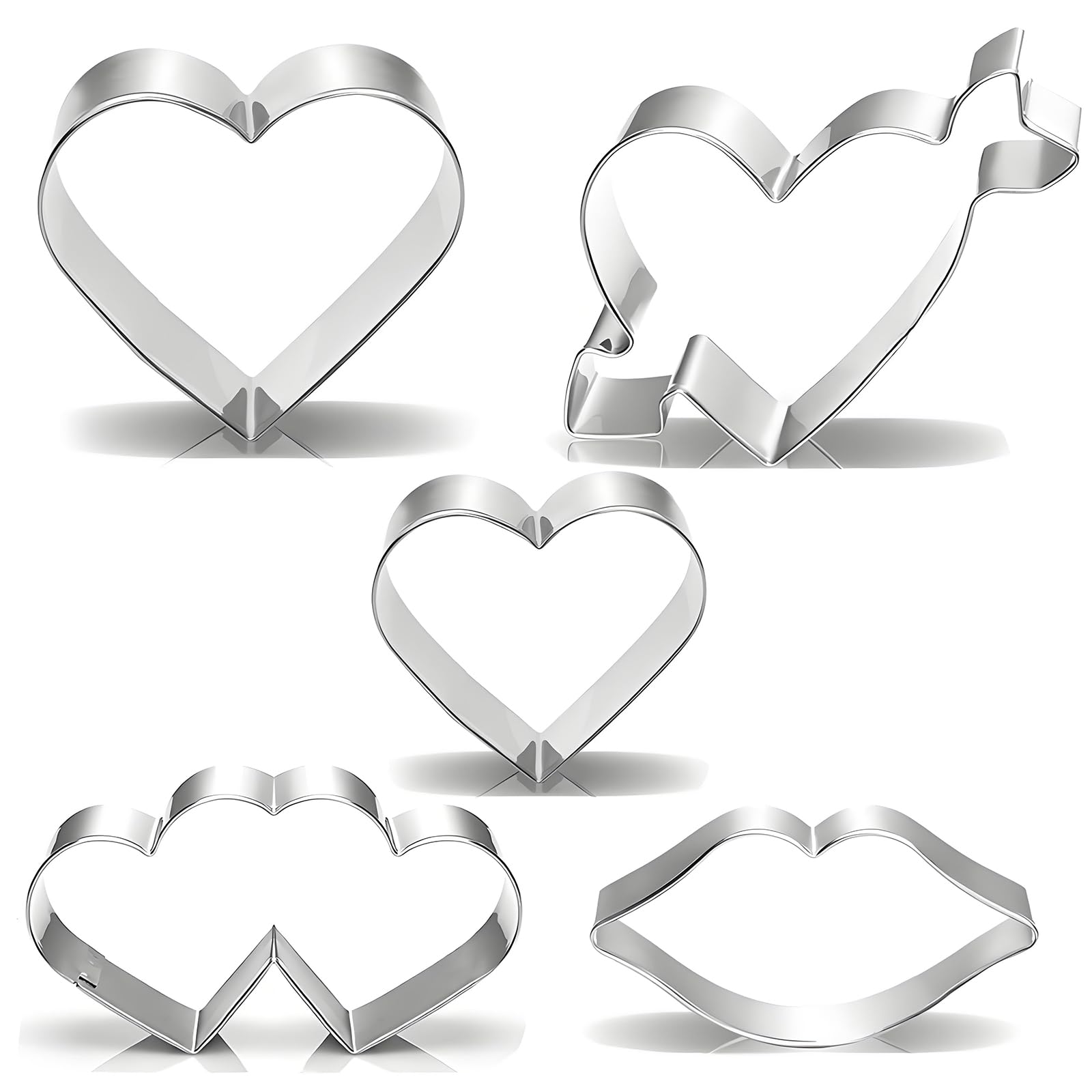 Juego de cortadores de galletas con forma de corazón para el día de San Valentín, 5 piezas de cortadores de galletas de San Valentín – Corazón, labios, corazón con flecha, corazón doble