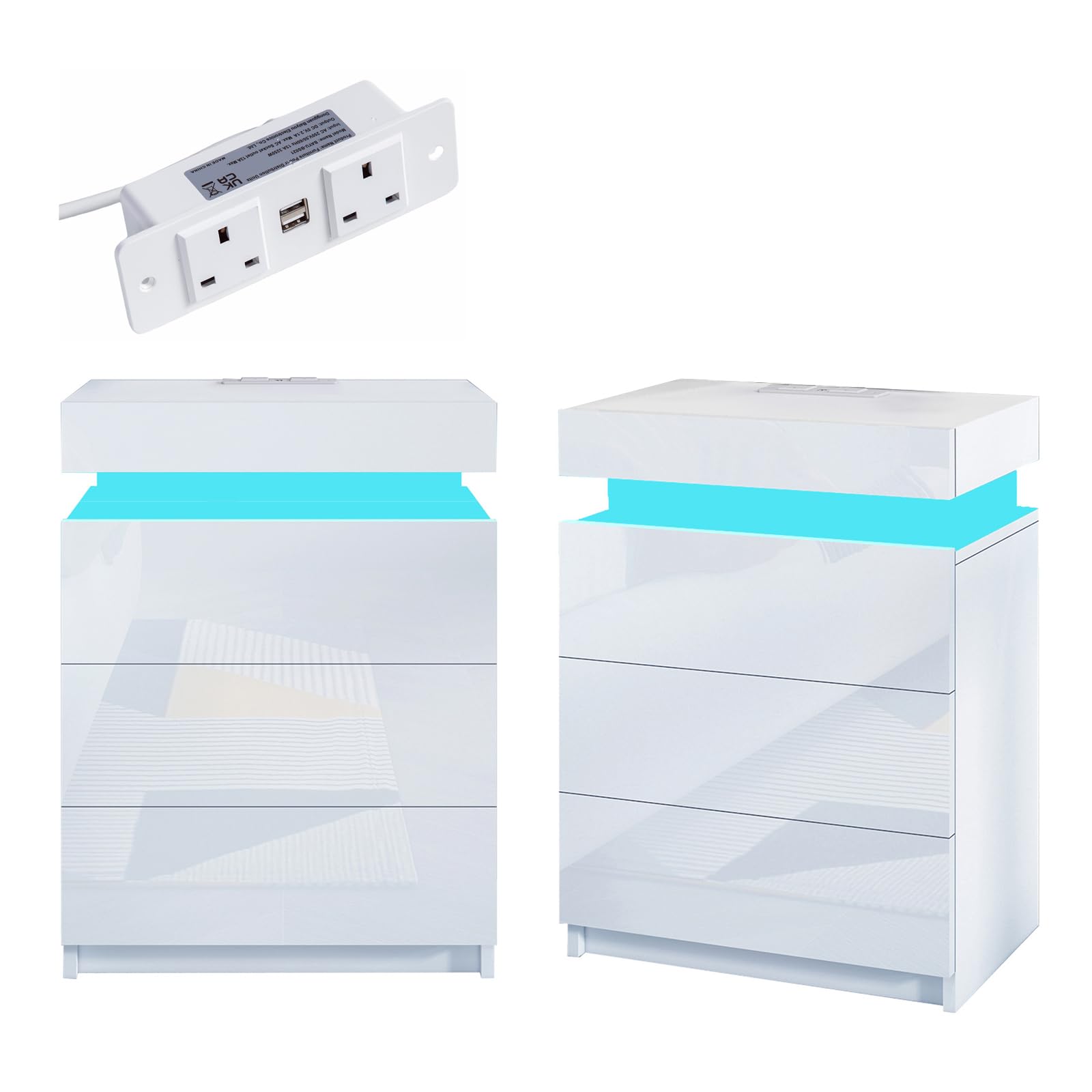 Senvoziii 2Pcs White Bedside Table with Charging Station LED Light Nightstand High Gloss Bedside Cabinet Unit with 3 Drawers & Flip Cover for Bedroom Living Room