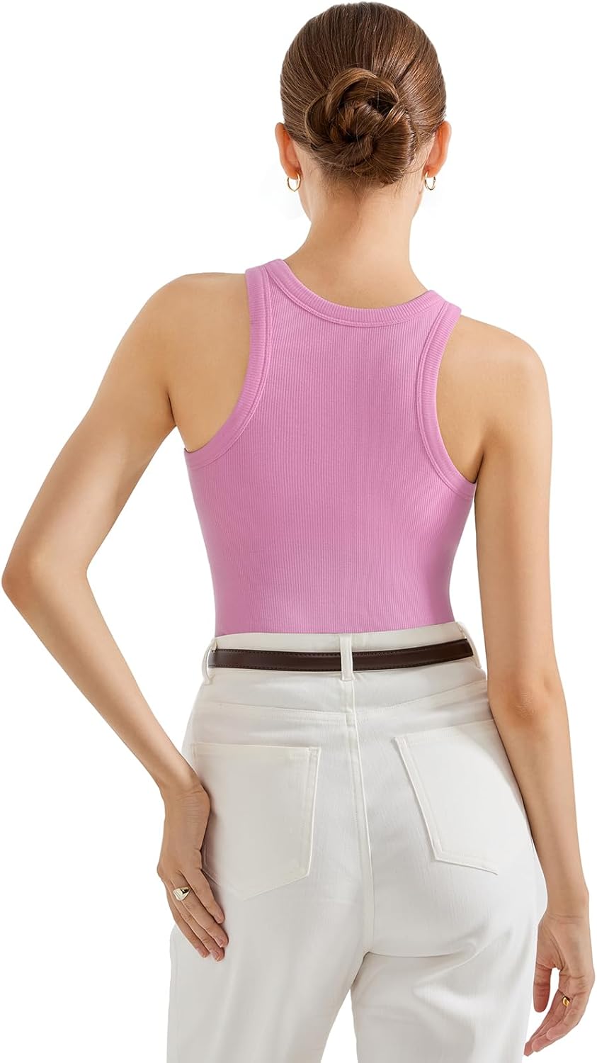 SUUKSESS Women Padded Cotton Ribbed Tank Tops High Neck Racerback Basic Tops - Image 4