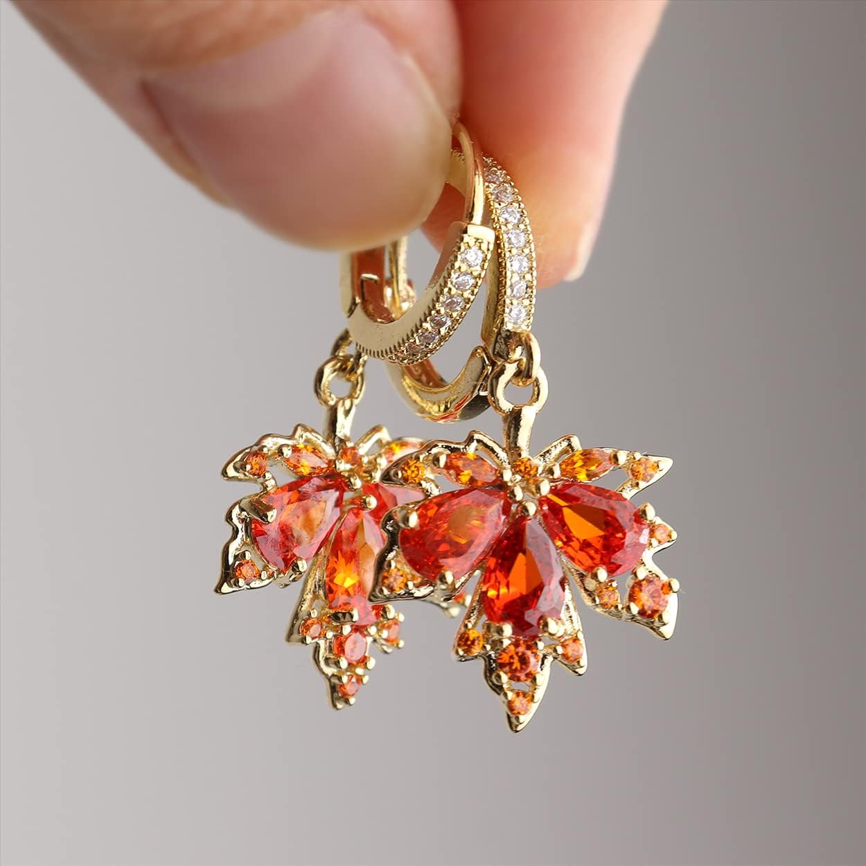 Maple Leaf Small Hoop Gold Earrings for Women, Orange Rhinestone Fall Leaves Autumn Dangle Drop Earing Holiday Fashion Jewelry Gift - Image 3