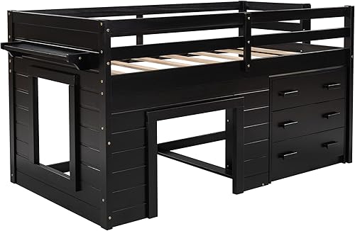 Miniatura 4 de HYC Cama alta baja con almacenamiento cama alta de madera de tamaño individual con armario y estante marco de cama alta para niños y niñas espresso