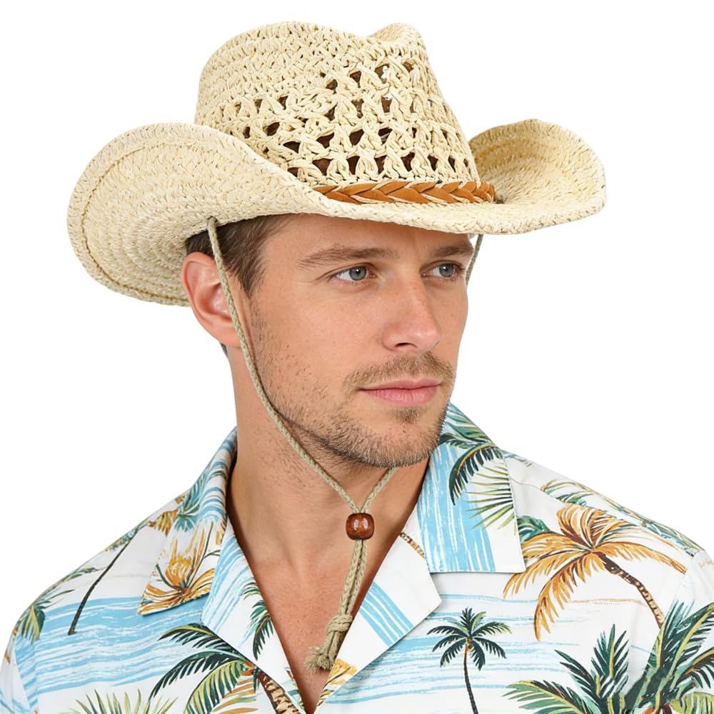 ITODA Chapeau de Cow-Boy en Paille Chapeau de Soleil à Larges Bords Panama d'été avec Bande Réglable pour Femme Homme Casquette Visière de Voyage Camping Plage Extérieur