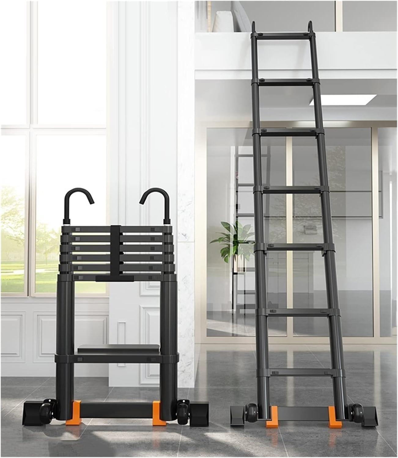 Telescopic Ladder Telescopic Ladders Multi-Purpose Extendable Ladder Telescopic Ladder 5.5m/4.7m/3.9m/3.5m/2.7m/2.3m Telescoping Ladder with Hooks, Aluminum Black Telescopic Ladders for Roof