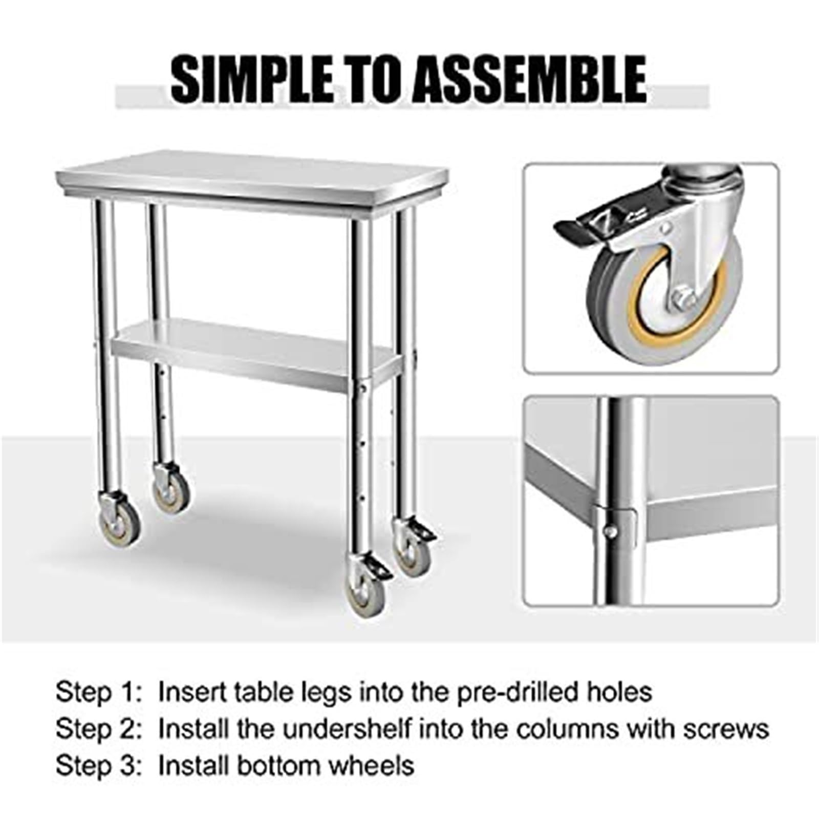 Tavolo da lavoro portatile multifunzione in acciaio inox con ruote bloccabili e ripiano inferiore, 61 x 30,5 cm, tavolo da cucina/pranzo per chef domestici e intrattenimento, design salvaspazio