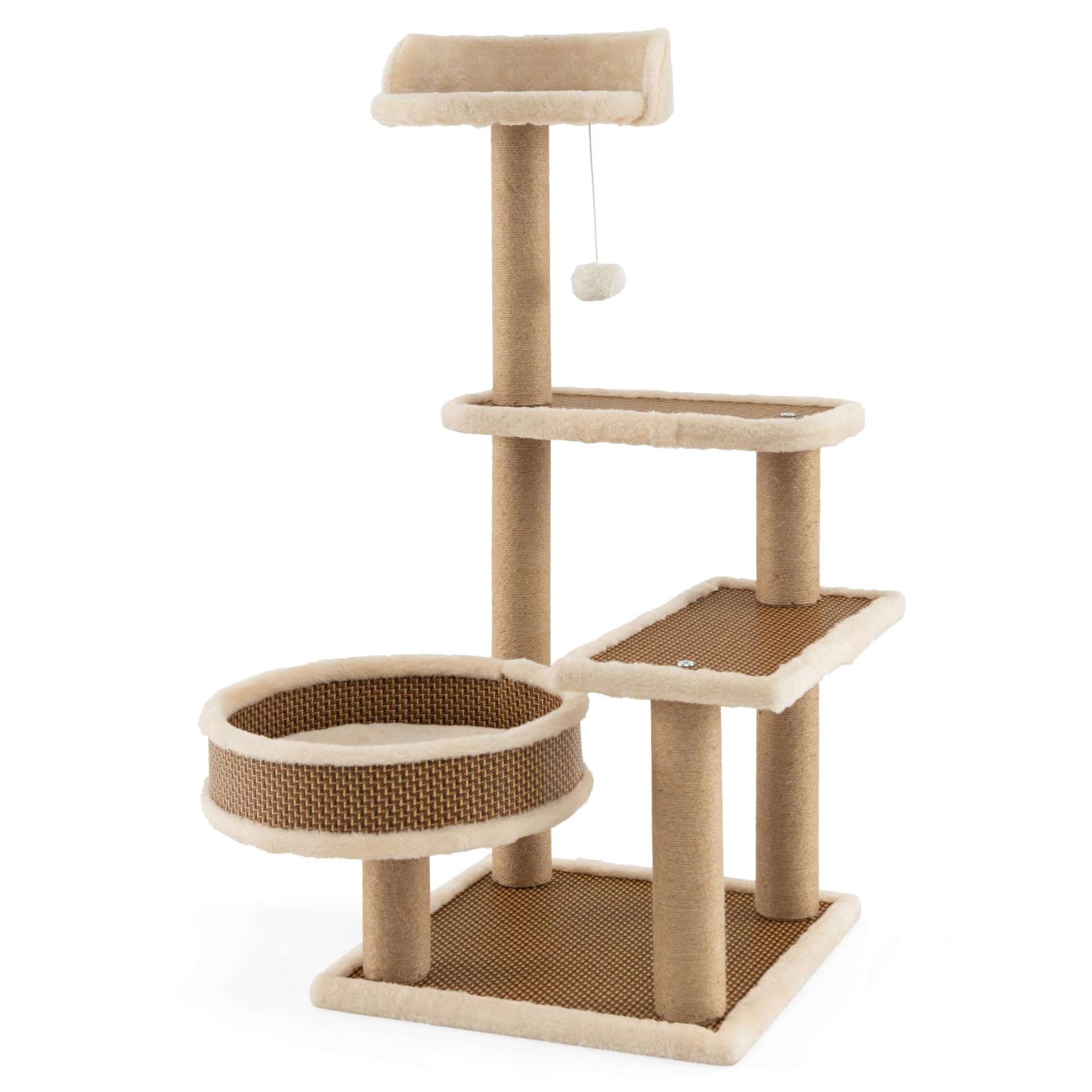 COSTWAY Torre per Gatti Interno, Albero per Gatti a 4 Livelli con Tappetino in Rattan, Palla, Tiragraffi, Piattaforma, Letto e Tappetino Peluche Rimovibile, Centro Attività per Gatto Piccolo e Medio