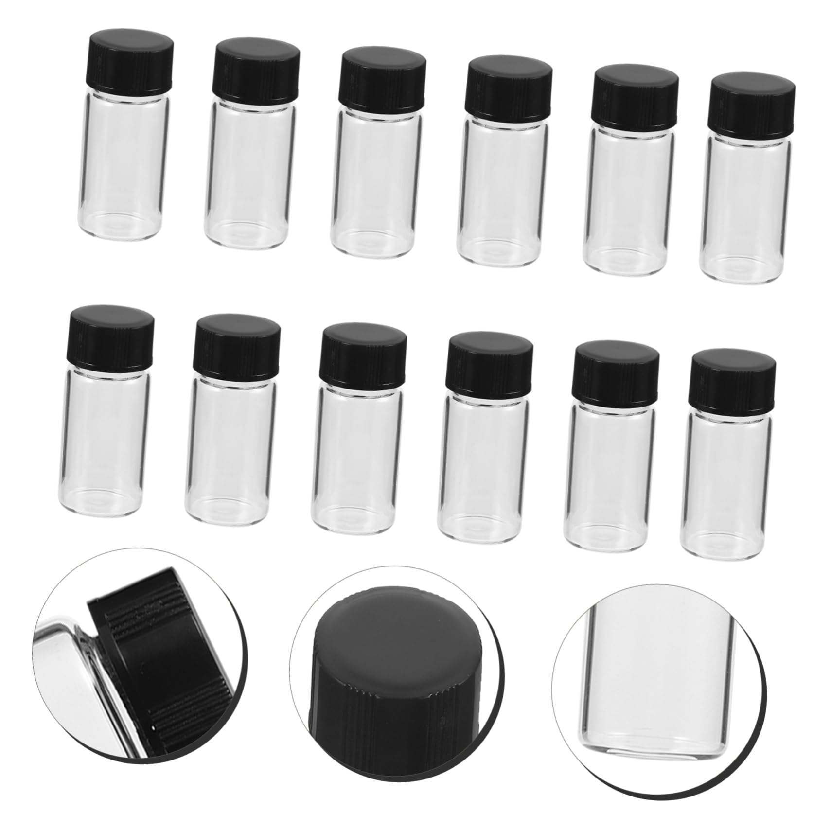 Cabilock 100 Fiale Di Vetro Trasparente Da 5 Ml Con Tappo Nero, Flaconi Per Campioni Con Fondo Piatto Resistente Ad Alta Pressione, Bottiglie Per Conservazione Oli Essenziali e Reagenti
