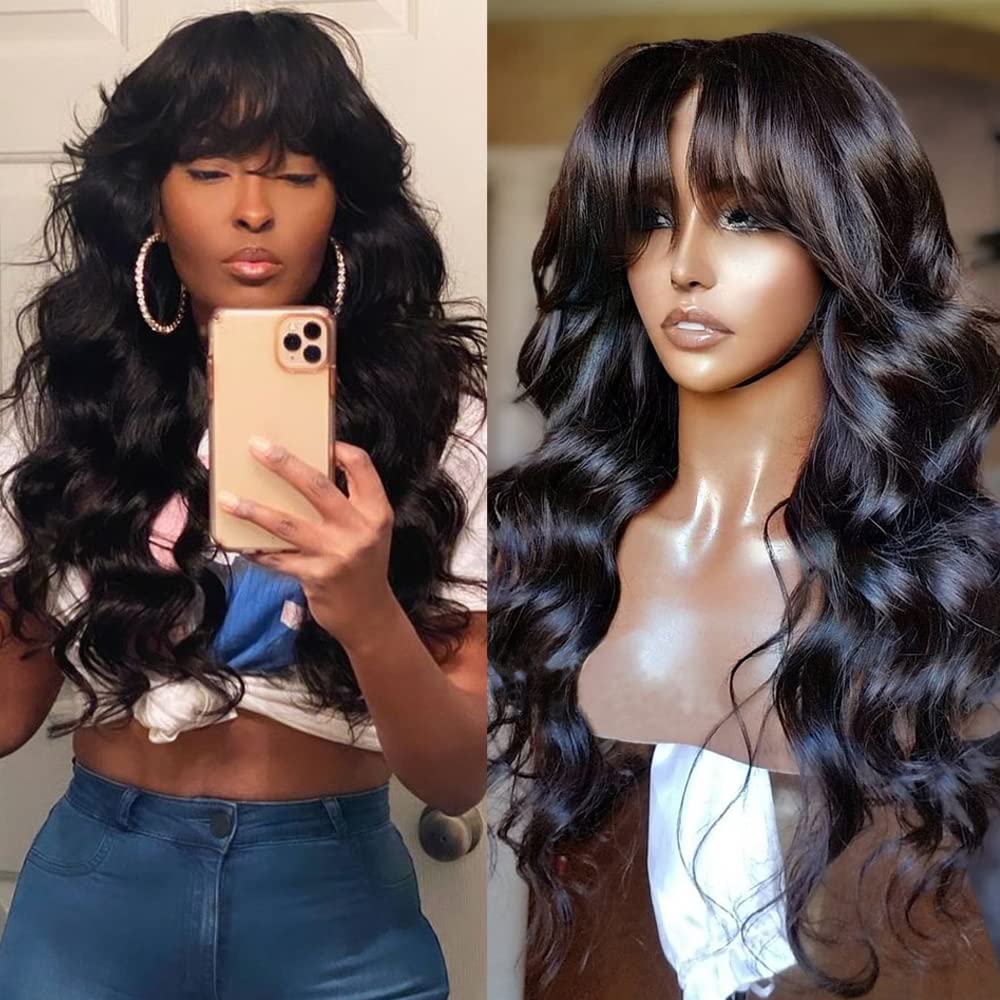 RHEANNA Bang Wig Human Hair 180 Density Brazilian Wavy Wig With Bangs For Black Women O Scalp Top Full Machine Made Wig 18inch