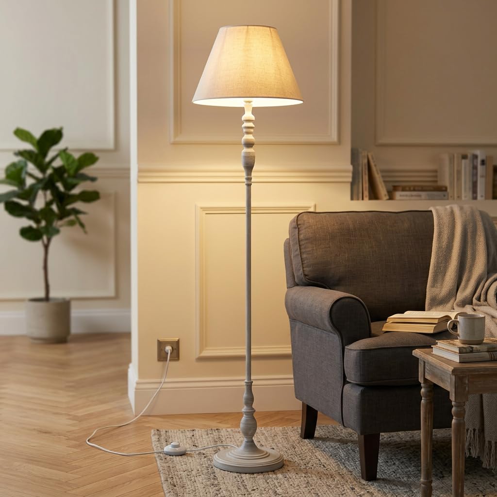 DiKasa Lampada da Terra Classica con Paralume in Tessuto Beige e Base in Metallo Grigio, Design Elegante e Minimal per Soggiorno Camera da Letto e Angolo Lettura 38x154 cm