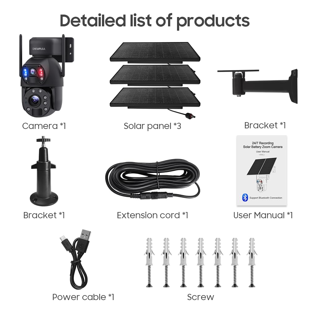 SHIWOJIA Telecamera di sorveglianza WiFi esterna senza fili con 30 W pannello solare 20,000 mAh batteria 6 MP fotocamera esterna senza fili [registrazione 24/7], doppia lente doppia PIR, IP66