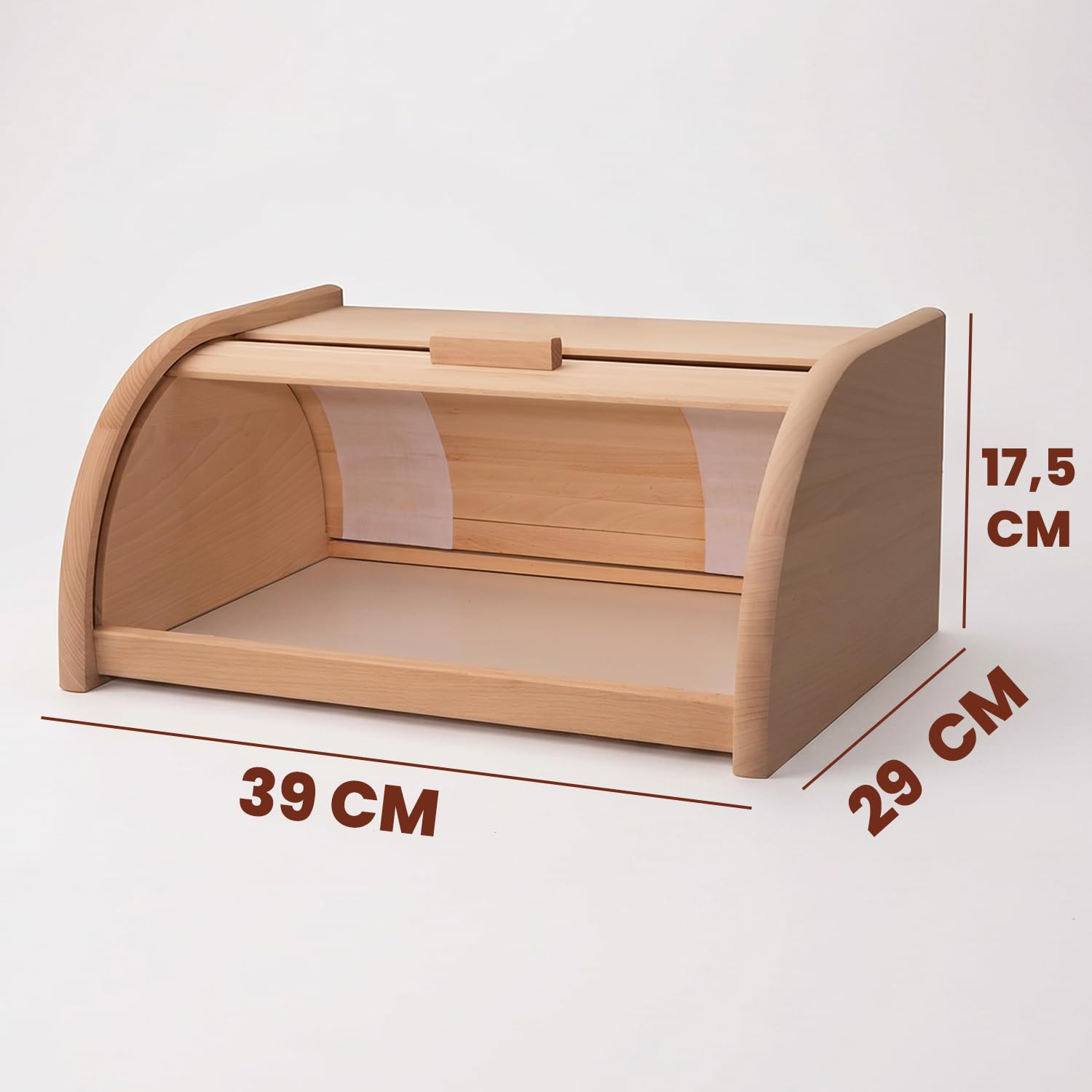 Brotkasten Holz XL mit großer Öffnung und Rolltop 39 x 29 x 17,5 cm | 39 x 29 x 17,5 cm, Naturbelassenes Buchenholz, Zeitloser Look, HDF Boden, Leichtgängiger Rolldeckel, Platzsparend