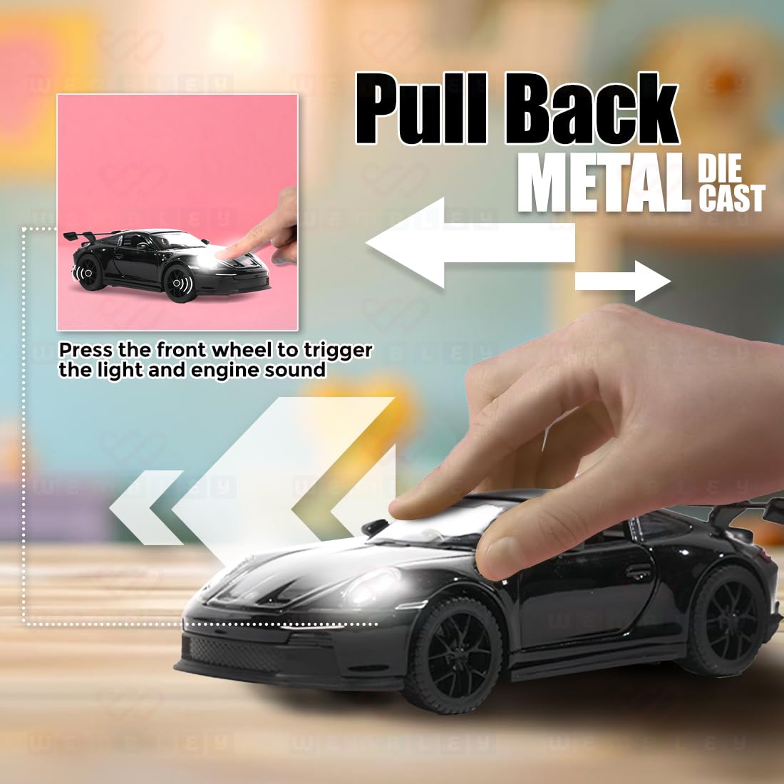 Wembley Pull Back Die-cast Model Car 1:32 Scale Metal Toy Vehicle with Openable Doors & Light Engine Sound - Realistic Collectible for Boys Kids 3+ Years & Above - Black - Image 6 thumbnail