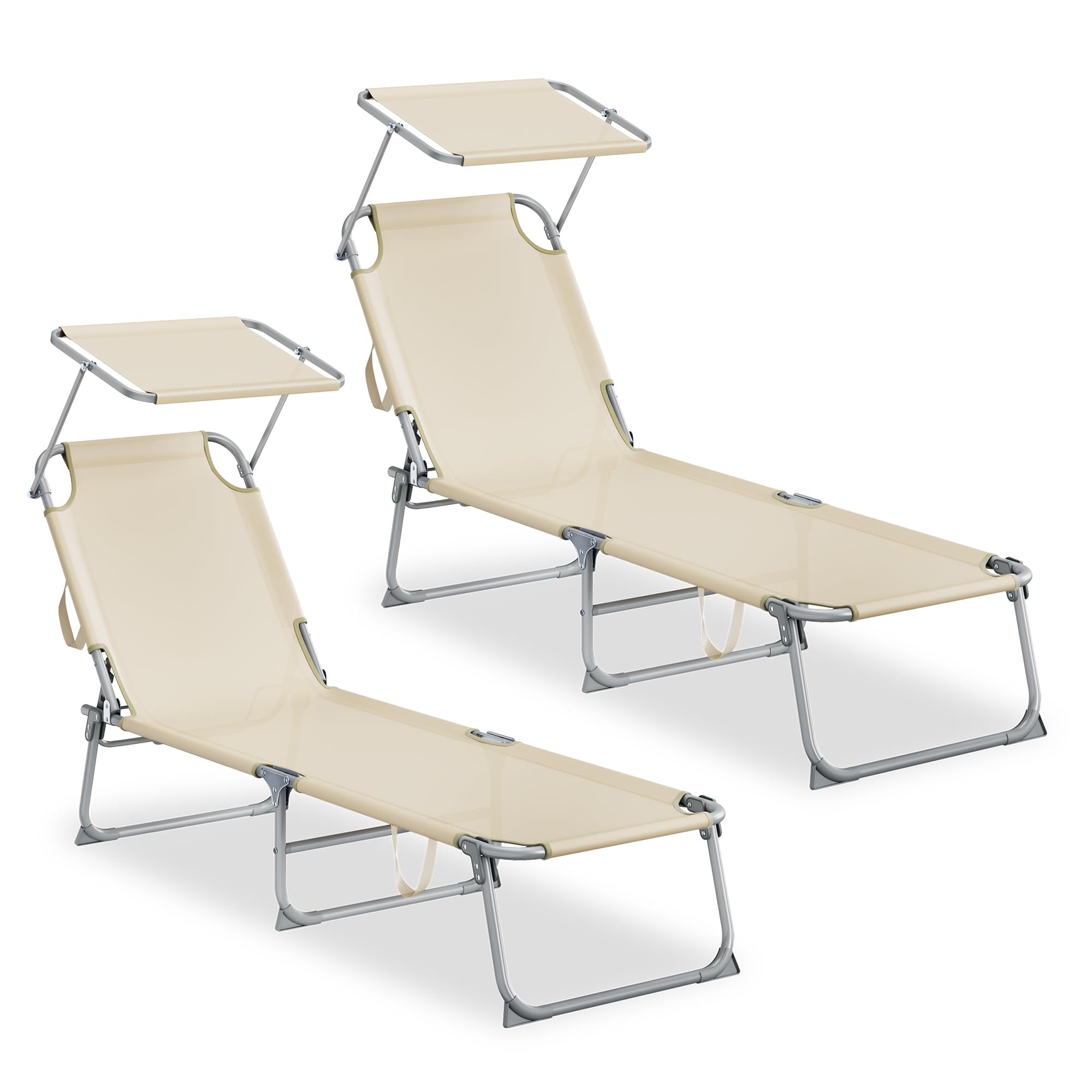 SONGMICS Tumbonas Plegables, 189 x 53 x 28,5 cm, Juego de 2 Tumbonas para Jardín, Cada Una con Carga 110 kg, con Parasol y Respaldo Ajustables, para Terraza y Balcón, Beige GCB294WZ02
