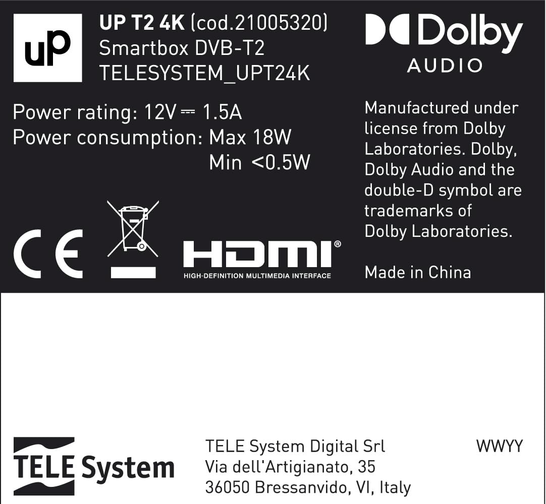 TELE System UP T2 4K: Cyfrowy dekoder naziemny ULTRA HD Android TV, aktualizacja Smart TV, tuner DVB-T2 HEVC HDR10+HLG, w zestawie adapter HDMI/SCART - certyfikat Google