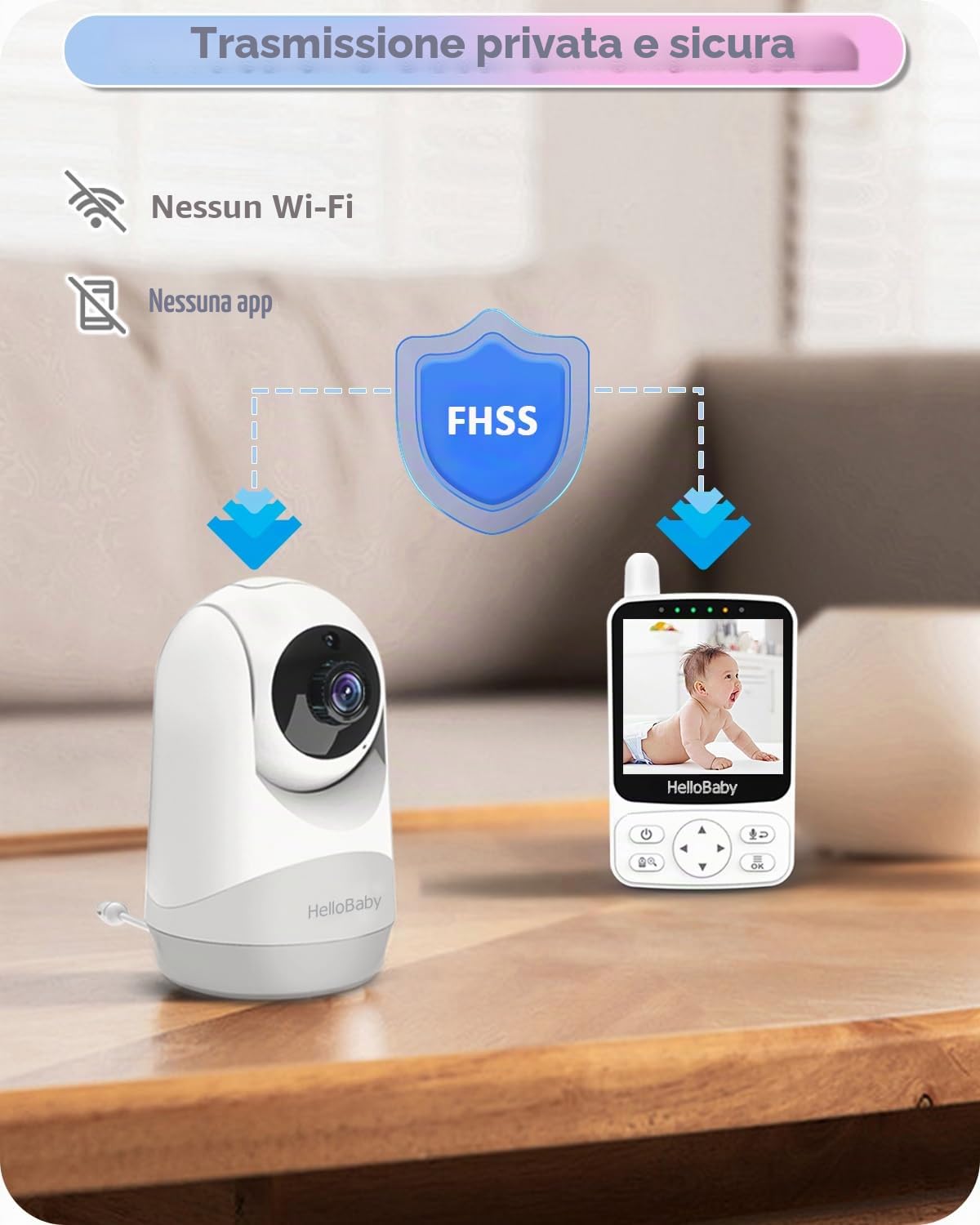HelloBaby Baby Monitor, 4" IPS Schermo e 29 ore di durata della batteria, baby monitor video e audio, Fotocamera 350°/120° 2x Zoom, Visione notturna infrarossa, Modalità ECO, Temperatura