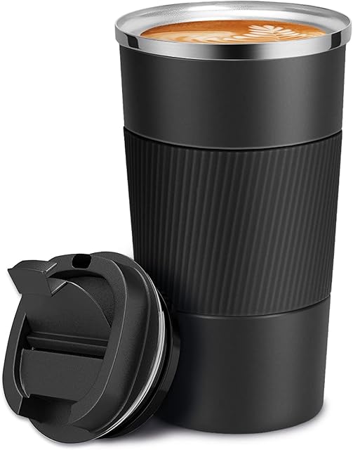 Travel Mug Reusable Coffee Cups Thermal Insulated Vacuum Insulation Stainless Steel Bottle for Hot Cold Drinks (Black, 380ml)