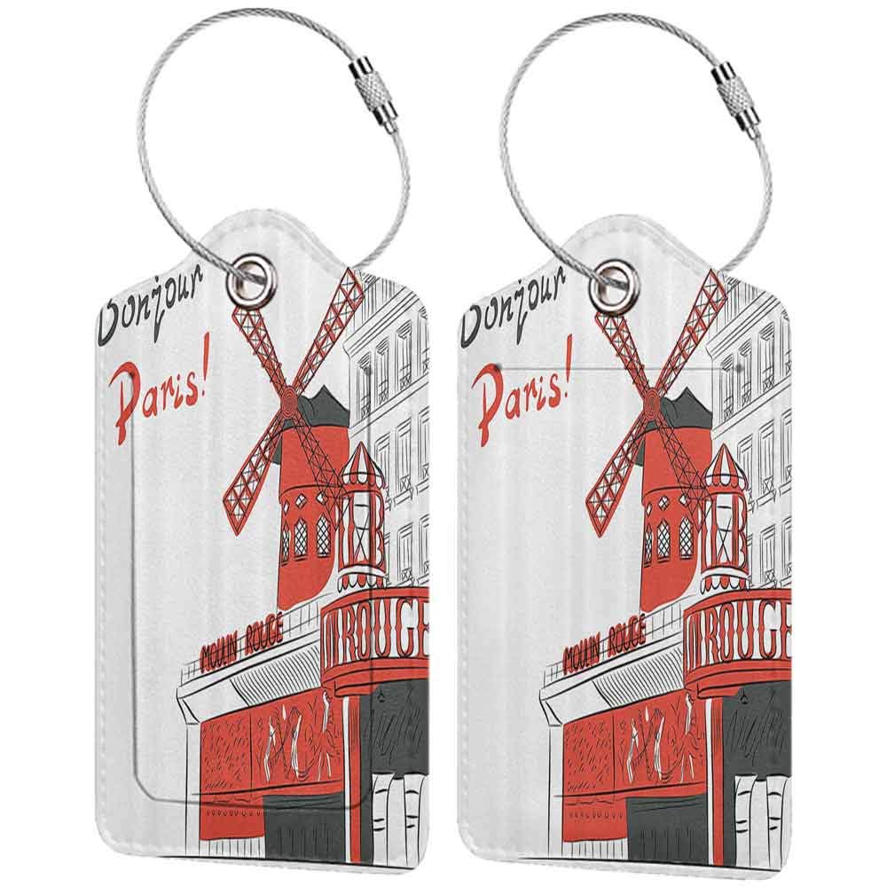 Waterproof luggage tag Paris Sketch Art of Urban Landscape with Cabaret Moulin Rouge in Paris Modern City Soft to the touch Orange Grey White W2.7" x L4.6"