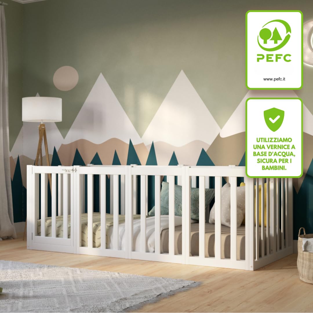 Letto per Bambini 180x90 cm – Letto Montessori a Pavimento con Alta Barriera di 73 cm Rimovibile – Legno Bianco con Superficie Liscia – Perfetto per Bambini e Bambine Crazy John