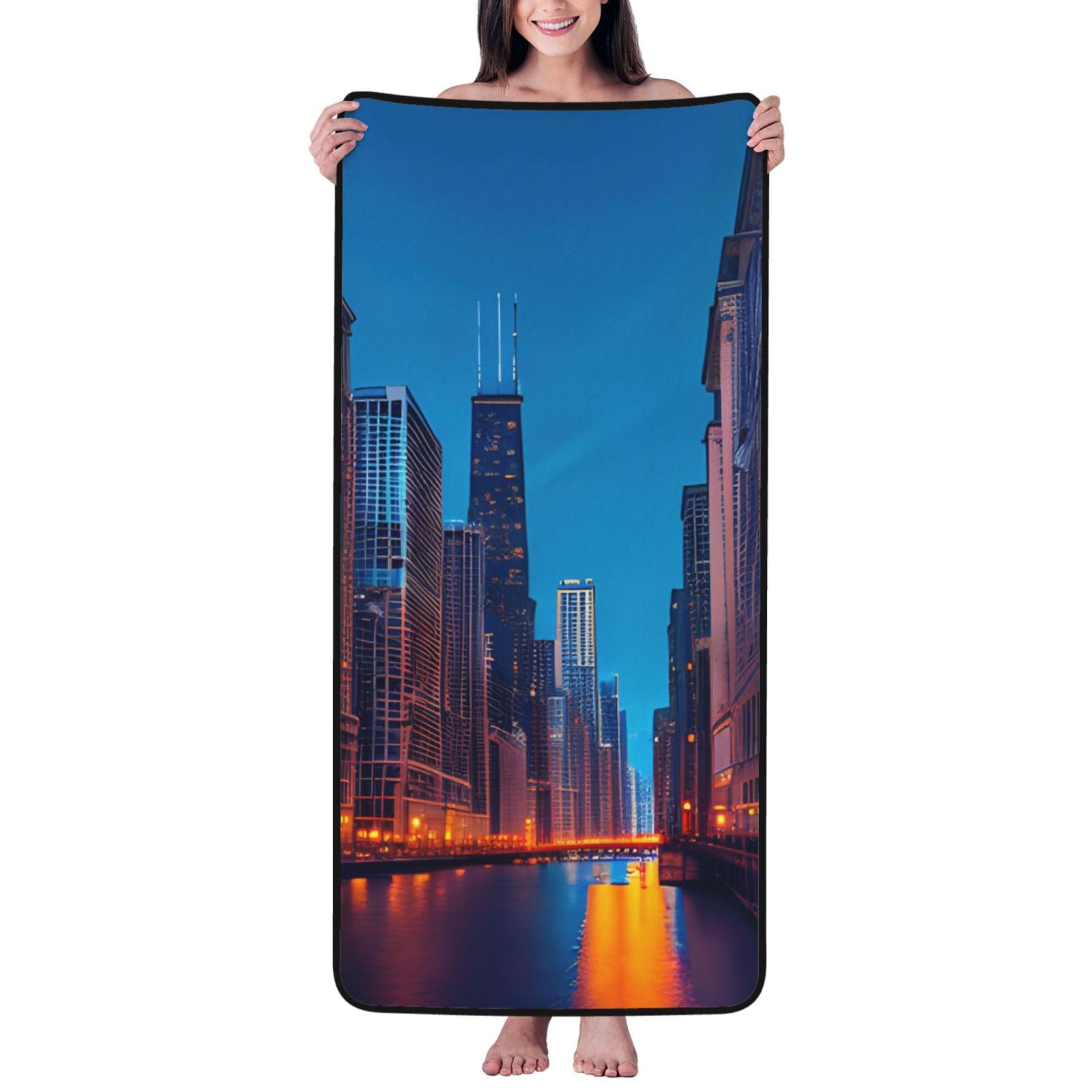 KPXXAQT Chicago Night Print Coral Velvet Bath Towel Soft Absorbent Towels Home Vacation Or Summer Gifting