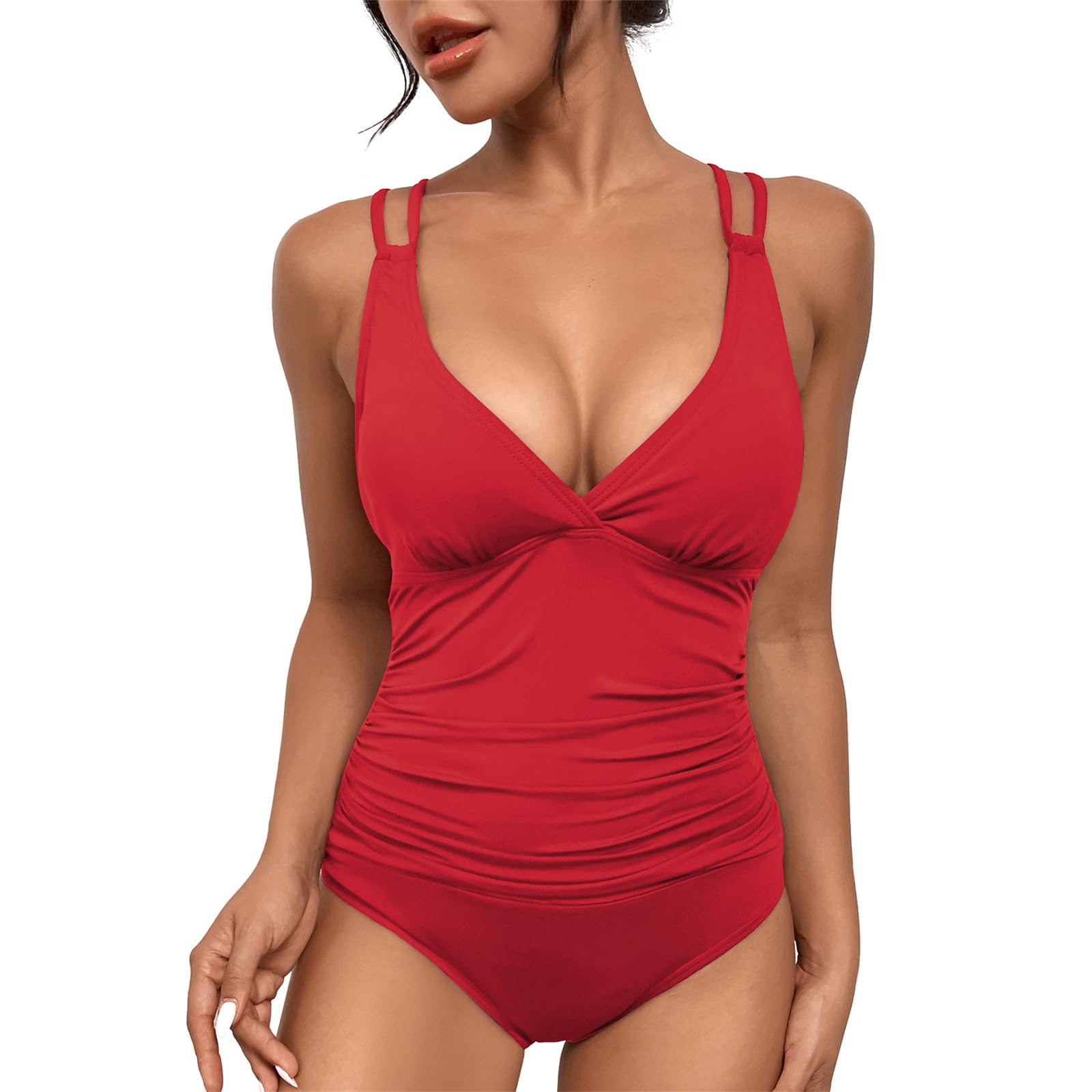 SUGSHYN Bañador Mujer Reductores Vientre Plano Push up Sexy Traje de Baño con Aros Cuello en V Ajustables Tipo Sling Control de Barriga Pecho Grande Bañadores Mujer Verano Despedida Soltera