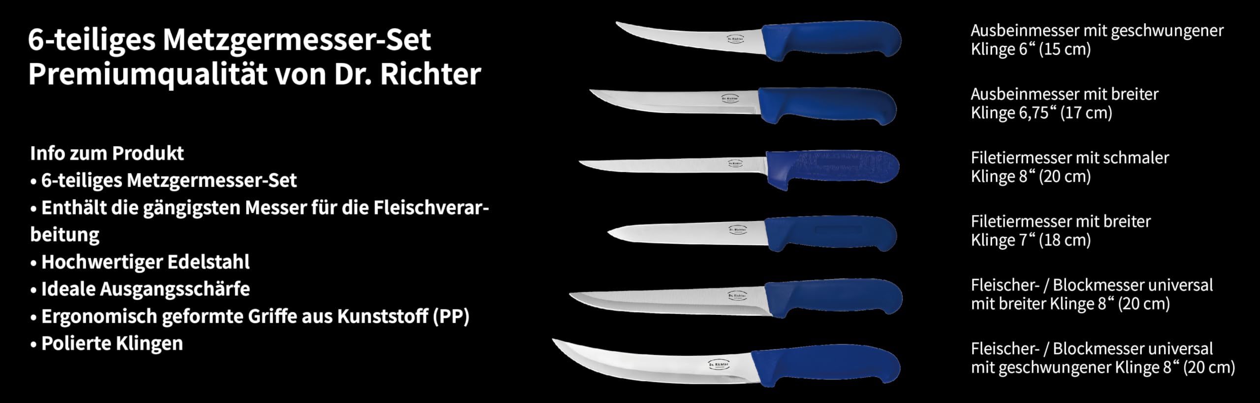 6-teiliges Metzgermesser Set Profi | Ausbeinmesser | Blockmesser | Filetiermesser