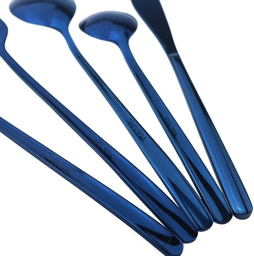 Miniatura 8 de JASHII Juego de cubiertos de acero inoxidable SUS304 de 20 piezas, color azul pulido espejo, juego de cubiertos para cena, tenedor, cuchara, tenedor