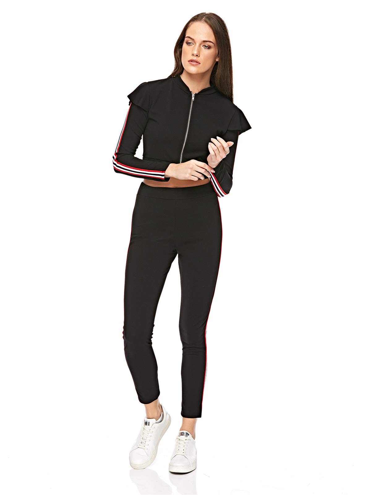 Diva LondonStriped Zipper Top and Joggers Lounge Set - M, Black