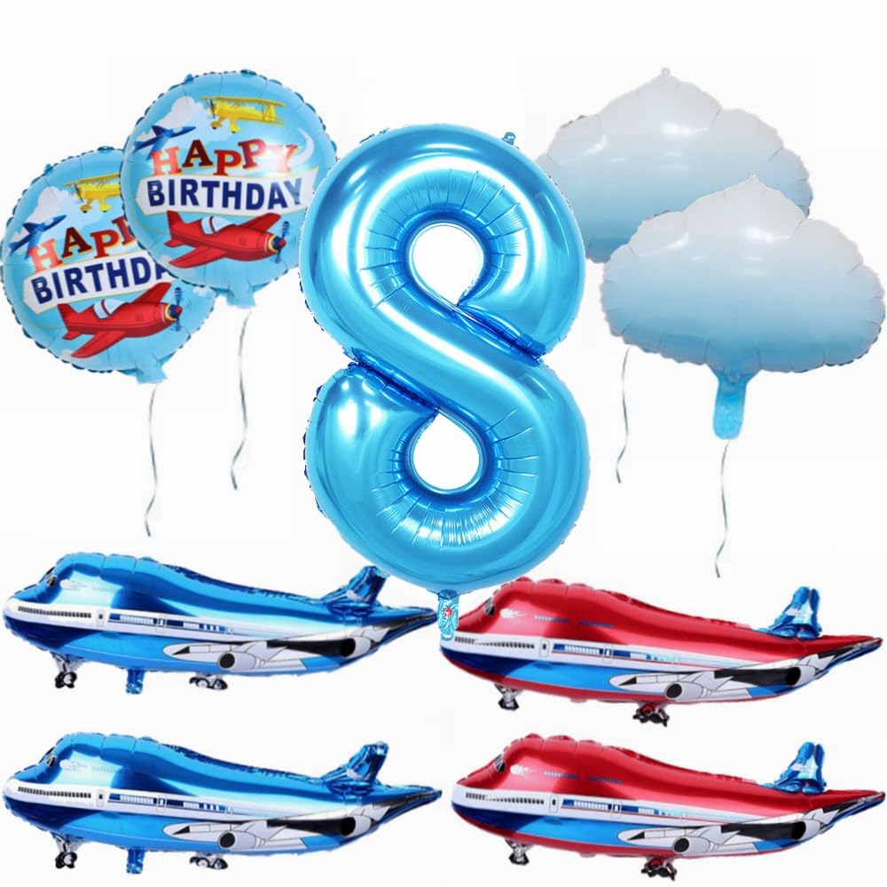 Yunchu Online 8th Airplane Birthday Decoration Large Blue Red Aeroplane Balloon Airplane Birthday Balloon Airplane Cloud Foil Balloons