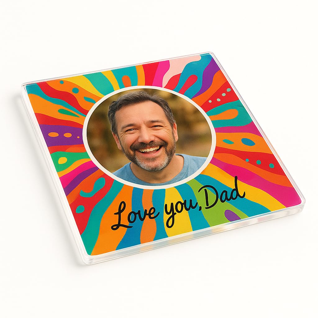 Unique Photo Personalised Acrylic Coaster Gift - Radiant Affection Design with Vibrant Colours for Dad's Day Celebration